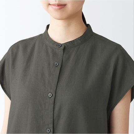 Japanese Style Linen Washed French Sleeve Dress with Vertical Collar Short Sleeve Thin Coat Long Large Size Cardigan Loose Clothes for Spring and Summer