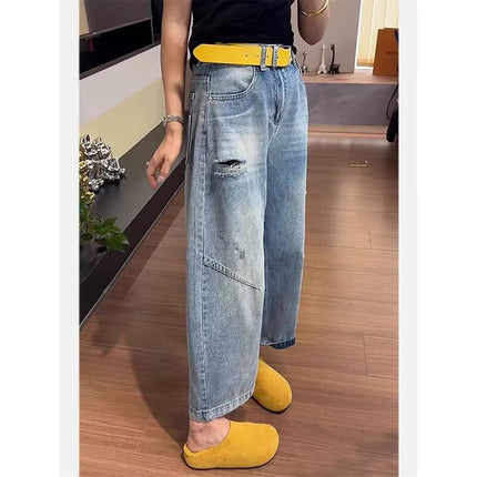 Ripped Cropped Harem Jeans for Women, Spring New Style, Pear-Shaped Figure, Thin Carrot Pants, Plus Size Loose Wide-Leg Pants