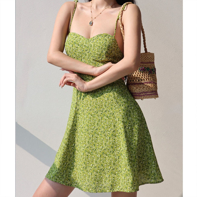 American Hot Girl Green Printed Suspender Skirt Summer Fresh Waist Slimming Look A-Line Skirt Shoulder Strap Dress