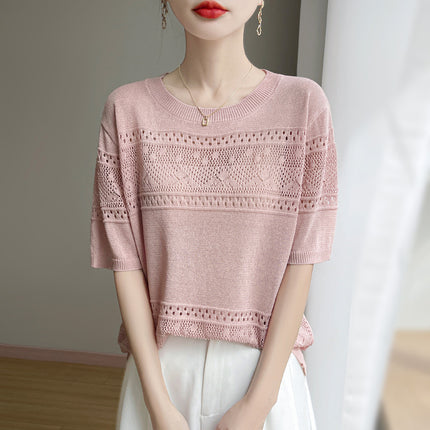 Korean Style Sweet Round Neck Summer Pullover T-Shirt Design Cut Out Jacquard Thin Knitwear Top for Women