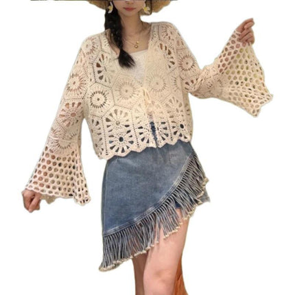 Seaside Vacation Cardigan, Beach Cover-up, Sweet Hottie Outfit, Crocheted Cut Out Sun Protection, Thin Lace Cardigan for Women