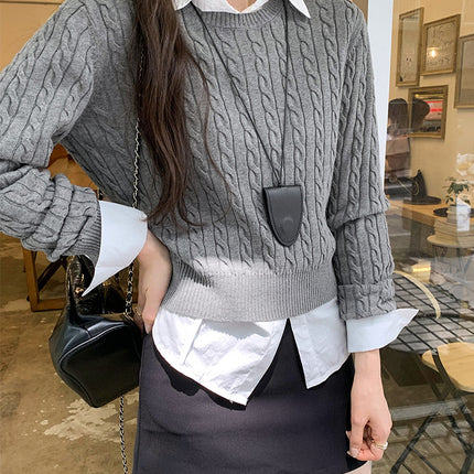 Designed with Korean Style, Gray Cable-Knit Sweater for Women, New Slim-Fit Short Top for Autumn and Winter