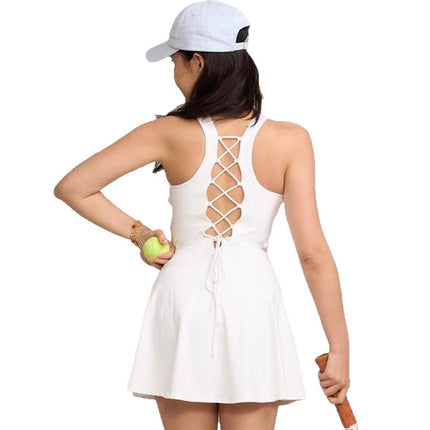 Cross-Border Lulu Tennis Skirt Suit for Women with Chest Pad and Back Cut Out Outdoor Badminton Wear Yoga Sports Dress