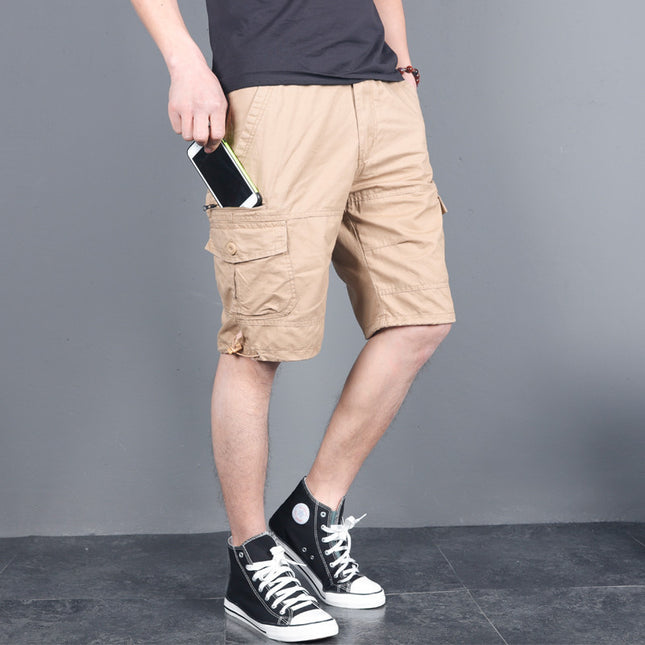 Summer Men's Multi-Pocket Workwear Shorts Small Zipper Shorts Loose Casual Pants Mid-Pants Large Pants with Loose Waist