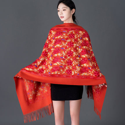 Red rich embroidered winter women's spring full garden scarf warm wedding thickened all-match cashmere ethnic style embroidery