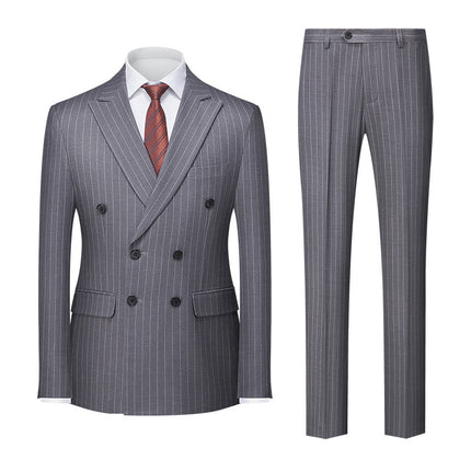 2025 Double-Breasted Striped New Men's Foreign Trade Amazon Suit Two-Piece Set Men's Double-Slit Suit Set