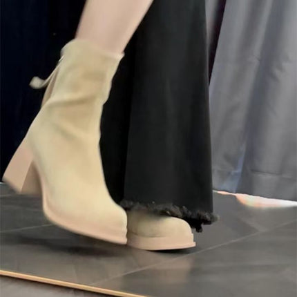 Slim and Good-Looking Velvet Short Boots for Women 2025 New Autumn and Winter Thick Heel High Heel Boots Suede Waterproof Platform Boots