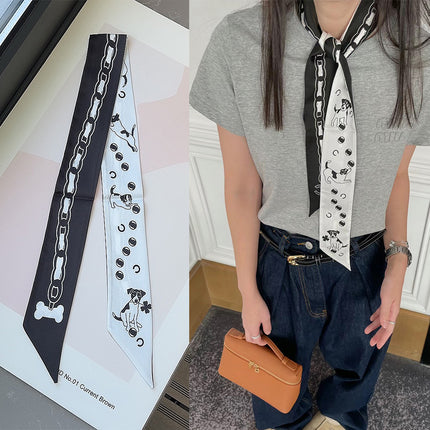 Lined Letter C Puppy Double-Layer Printed All-Match Tie Bag Ribbon Hair Band Ribbon Women's Decorative Small Scarf