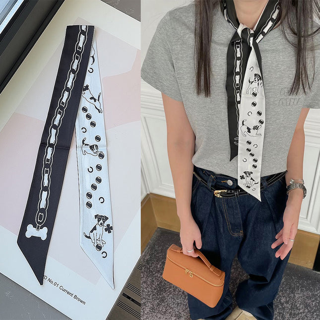 Lined Letter C Puppy Double-Layer Printed All-Match Tie Bag Ribbon Hair Band Ribbon Women's Decorative Small Scarf