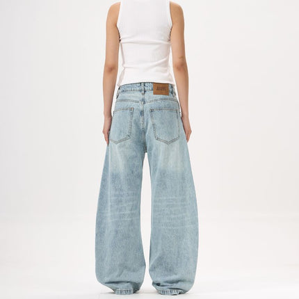 JIAMU American High Street Baggy jeans Slub Scimitar Jeans Unisex Wide Leg Pants Loose Profile