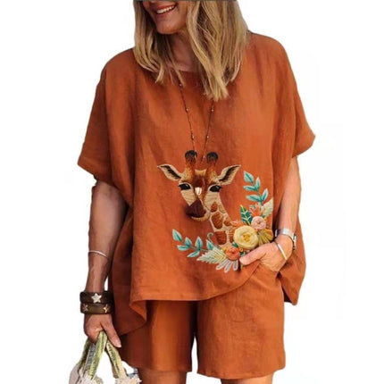 Amazon Cross-border Spring and Summer plus size Loose chubby girl Elegant Casual Western Style Age-reducing Printed Short-sleeved Sports suit