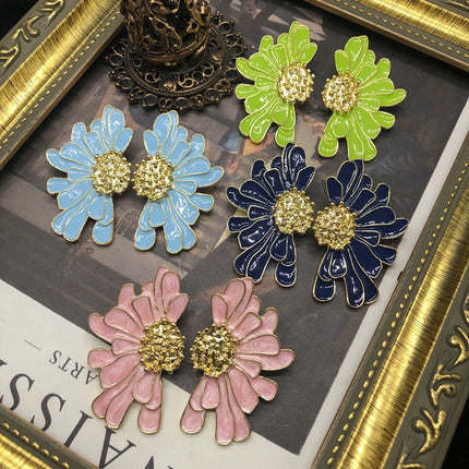 Artistic retro style earrings color enamel glaze chrysanthemum design silver pin earrings niche luxury earrings multi-color optional
