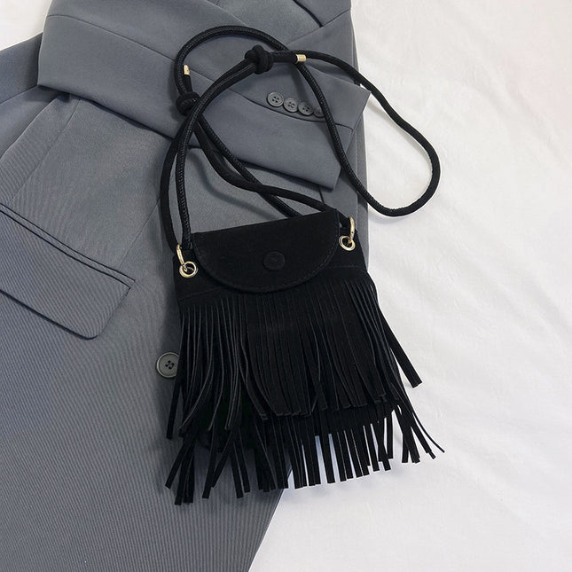 2025 New Trendy Niche Design Tassel Phone Bag for Women, Single Shoulder Crossbody Small Square Bag, Retro Hong Kong Style Suede Bag