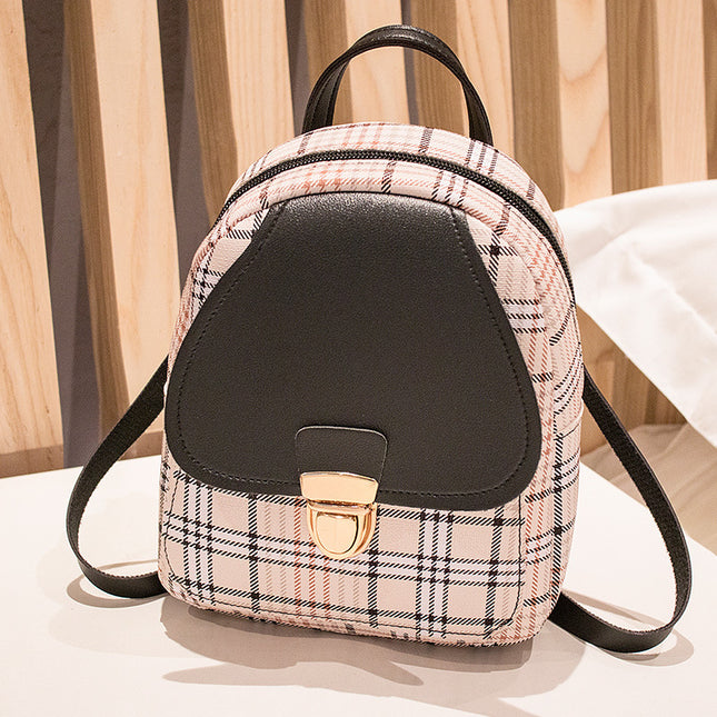 Small School Bag 2024 Korean Style Fashionable Small Backpack Satchel Shoulder Crossbody Bag Contrasting Color Mobile Phone Bag Pu Plaid Backpack