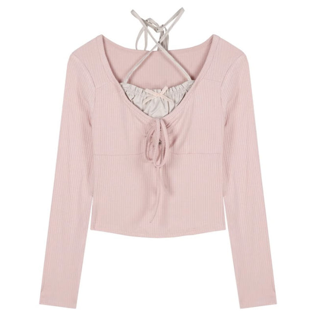 Pure Wind Sweet Spice Girl Fake Two-piece Long-sleeved T-shirt Women's Spring Neck-hanging Pink Slim-fit Sunscreen Short Chic Top