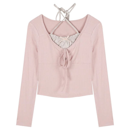Pure Wind Sweet Spice Girl Fake Two-piece Long-sleeved T-shirt Women's Spring Neck-hanging Pink Slim-fit Sunscreen Short Chic Top