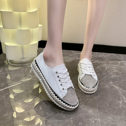Internet Celebrity Rhinestone Fashion Large Size Single-layer Shoes Women's 2024 New Korean Style Lace-up Niche Design Casual Comfortable Sneakers