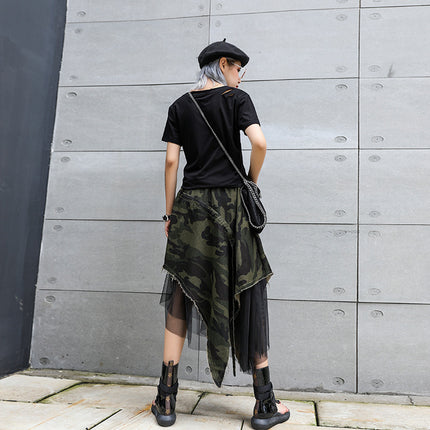 Japanese Style Spliced Mesh Denim Camouflage Skirt for Women Summer New Loose Fashion Niche Western Style A-Line Skirt