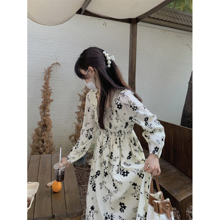 French dry rose floral dress autumn and winter women's clothing 2022 new temperament slim long skirt goddess fan