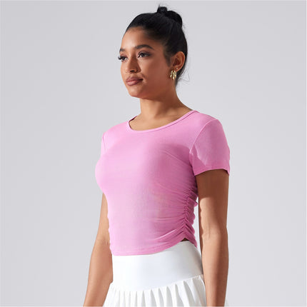 Pleated Waist Slimming T-shirt Women's Rib Stretch Naked Sports Top Summer Fitness Yoga Running Slim-fit Short-sleeve