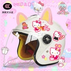 Children's 3c thickening + cat t2 / White half helmet + rocking cat + pink and yellow combination