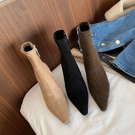 Pointed Toe High-Heeled Short Boots for Women, Korean Style Stiletto Heel, Side Zipper, Elastic Slim Boots, Temperament and Versatile Fashion Boots