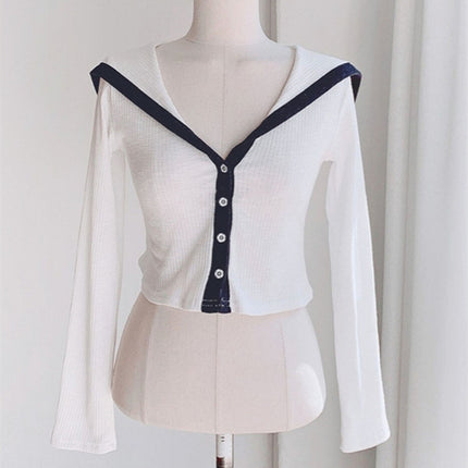 South Korea Spring and Summer New Elegant All-match Color Matching Navy Collar Short Figure Styliky All-match Long-sleeved T-shirt for Women