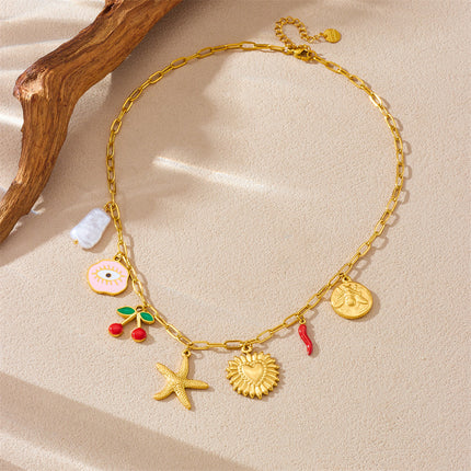Korean Style Fashionable Sweet Fresh Cute Eyes Pink Oil Dripping Cherry Gold-Plated Heart Round Starfish Clavicle Necklace