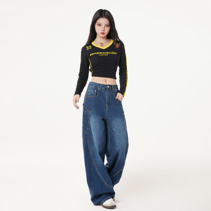 Bumi House# American Retro Design Sense Big Pocket Machete Jeans Women's Spring New Stitching Wide Leg Pants