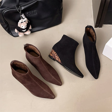Sheepskin Leopard Print Wedge Short Boots for Women 2025 Autum New Retro Style High Heel Rear Zipper Slim Boots for Women