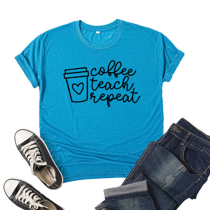 in stock Foreign Trade Cross-border Coffee Tea Repeat Printed Short-sleeved Crewneck T-shirt for European and American Men and Women