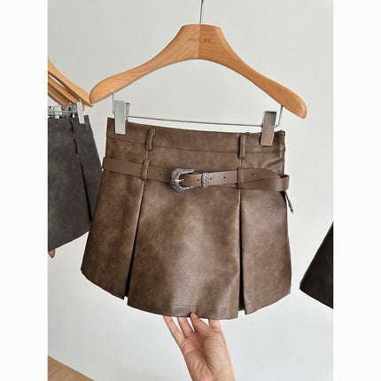american Retro Hot Girl a-line Skirt Women's autumn New High Waist pu Leather Skirt Hip Skirt Rubbed Color Distressed Short Skirt