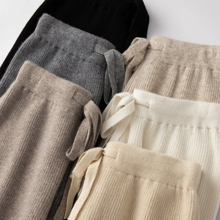 100% wool wide-leg pants women's autumn and winter outer wear lengthened straight pants draping casual striped knitted mop pants