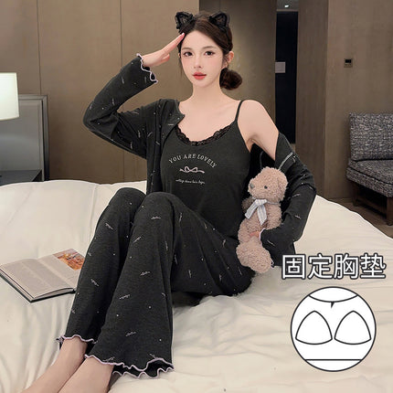 D Oh Mi Da Spring Sexy Sweet Bow Print Thin Strip Modal Pajamas Three-piece Set with Chest Pad for Women
