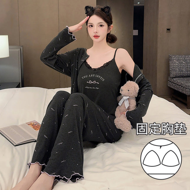 D Oh Mi Da Spring Sexy Sweet Bow Print Thin Strip Modal Pajamas Three-piece Set with Chest Pad for Women