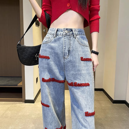 Letter Embroidered Wide Leg Jeans Women's Fashion All-match New High Waist Slimming Loose Casual Straight Trousers