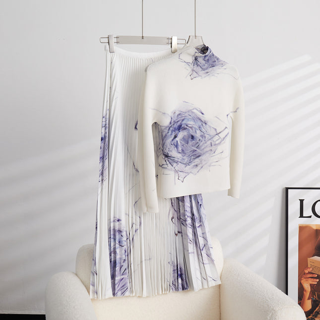 Hot-Selling Pleated Printed Two-Piece Set, Feminine Long-Sleeved T-Shirt, Drapedy Skirt, Versatile Suit, Complete Set