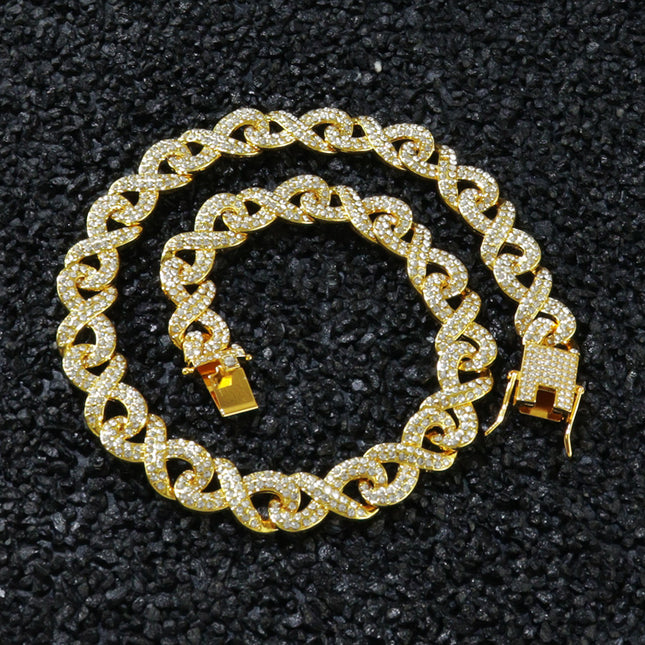 European and American Hip Hop Personality 8-character Diamond Cuban Chain hiphop Exaggerated Trendy Diamond Alloy Necklace Clavicle Chain Cross-Border