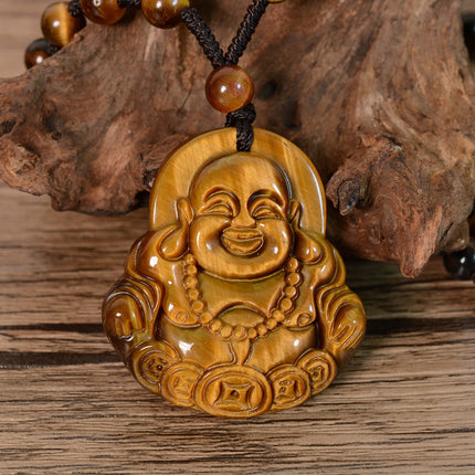 Natural tiger eye stone money Buddha pendant necklace crystal laughing Buddha jade pendant Maitreya Buddha pendant sweater chain wholesale