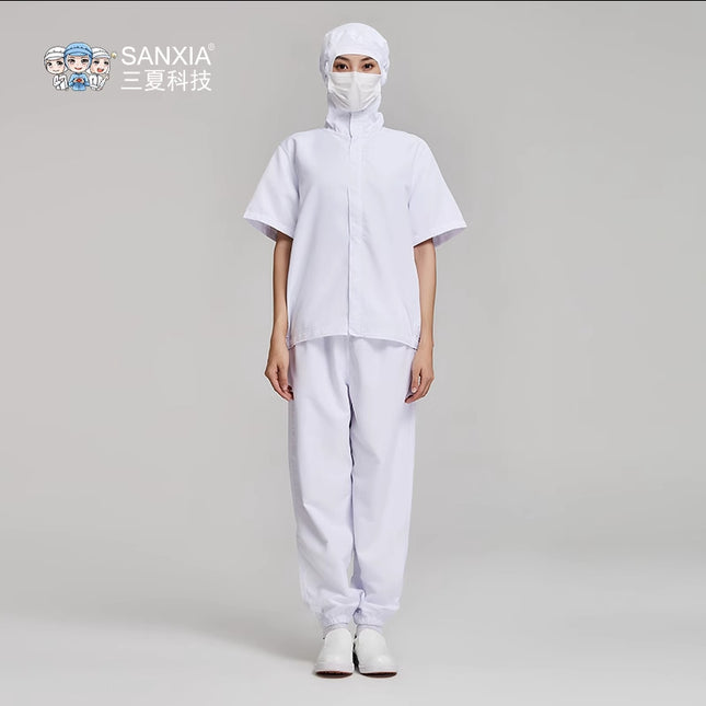White central kitchen production and processing work clothes unisex anti-static short sleeve hooded food factory work clothes