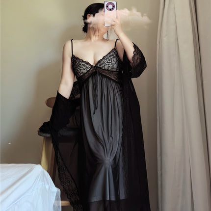 1510 Summer chubby girl plus size Pajamas Women 200 Jin Sexy Lace V-Neck Sling with Chest Pad Two-Piece Long Nightgown