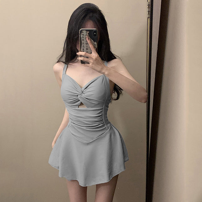 One-Piece Swimsuit, Feminine Hot Spring Bathing Suit, Slimming Look, Belly-Covering, High-End Conservative Small-Breasted Push-Up Halter Swimsuit