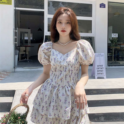 Gentle Style Square Neck Puff Sleeve Floral Dress for Women Summer 2024 New Sweet and Spicy Short Skirt Tutu Skirt