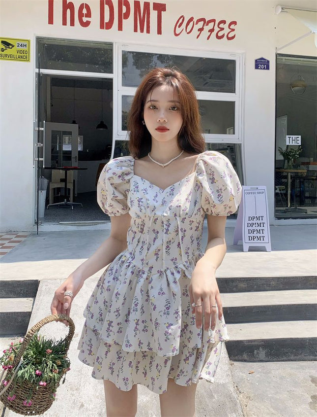 Gentle Style Square Neck Puff Sleeve Floral Dress for Women Summer 2024 New Sweet and Spicy Short Skirt Tutu Skirt