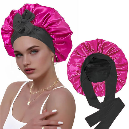 Amazon Double Layer Nightcap Color Ding Hat Women's Elastic Wide-brimmed Hair Care Hat Shower Hat Turban Bow Ribbon Round Hat