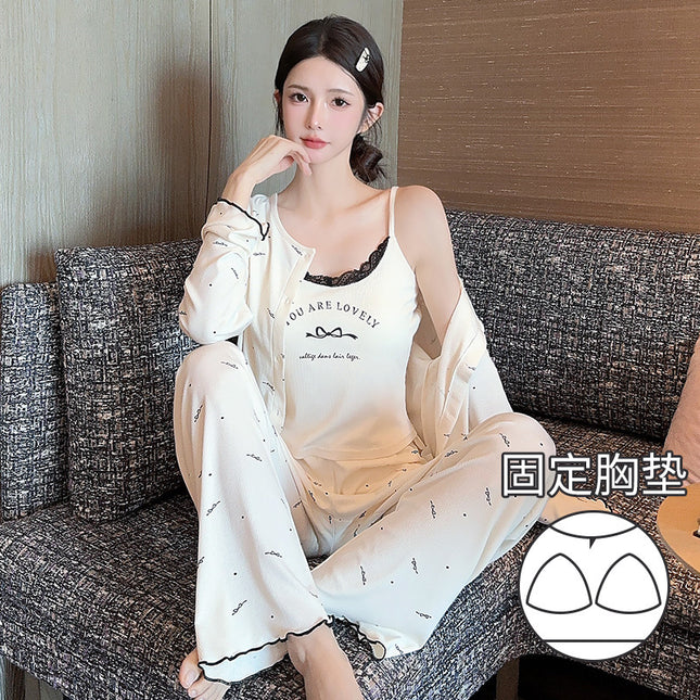 D Oh Mi Da Spring Sexy Sweet Bow Print Thin Strip Modal Pajamas Three-piece Set with Chest Pad for Women