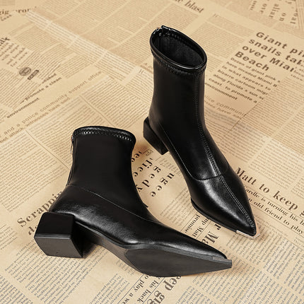 Pointed Toe Short Boots for Women with Back Zipper, Elegant Nude Boots, Thick Heels, 2025 Autumn and Winter New Style French Leather Boots, High Heels and Slim Boots