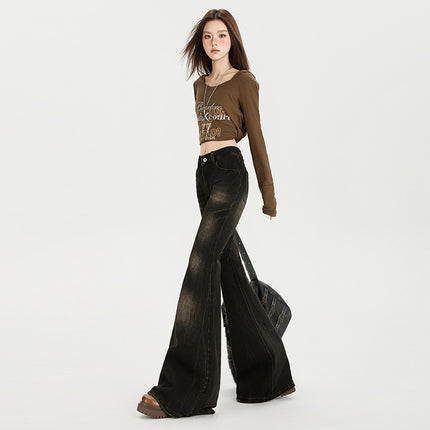Retro American-Style Flared Jeans for Women, Autumn, Spicy Girl, Non-Stretch, Tall, Low-Rise, Heavy-Duty Washed Bell-Bottom Pants