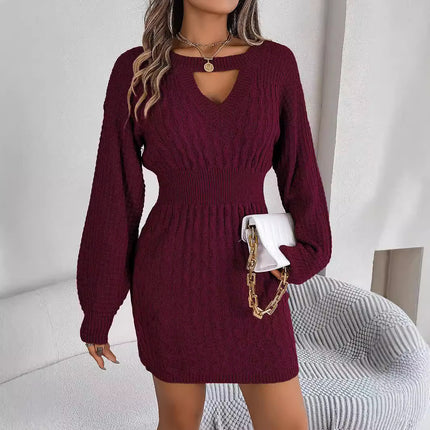 Real Shot of 2025 Autumn and Winter Pure Color Twist Cut Out Lantern Sleeves Hip-Covering Sweater Skirt Independent Station Cross-Border European and American Clothing