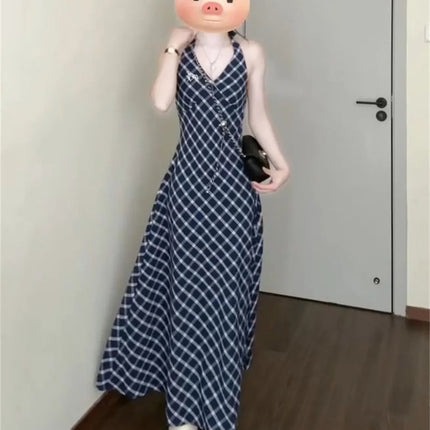 French style plaid suspenders dress women's 2025 new summer small a set of wear long skirt